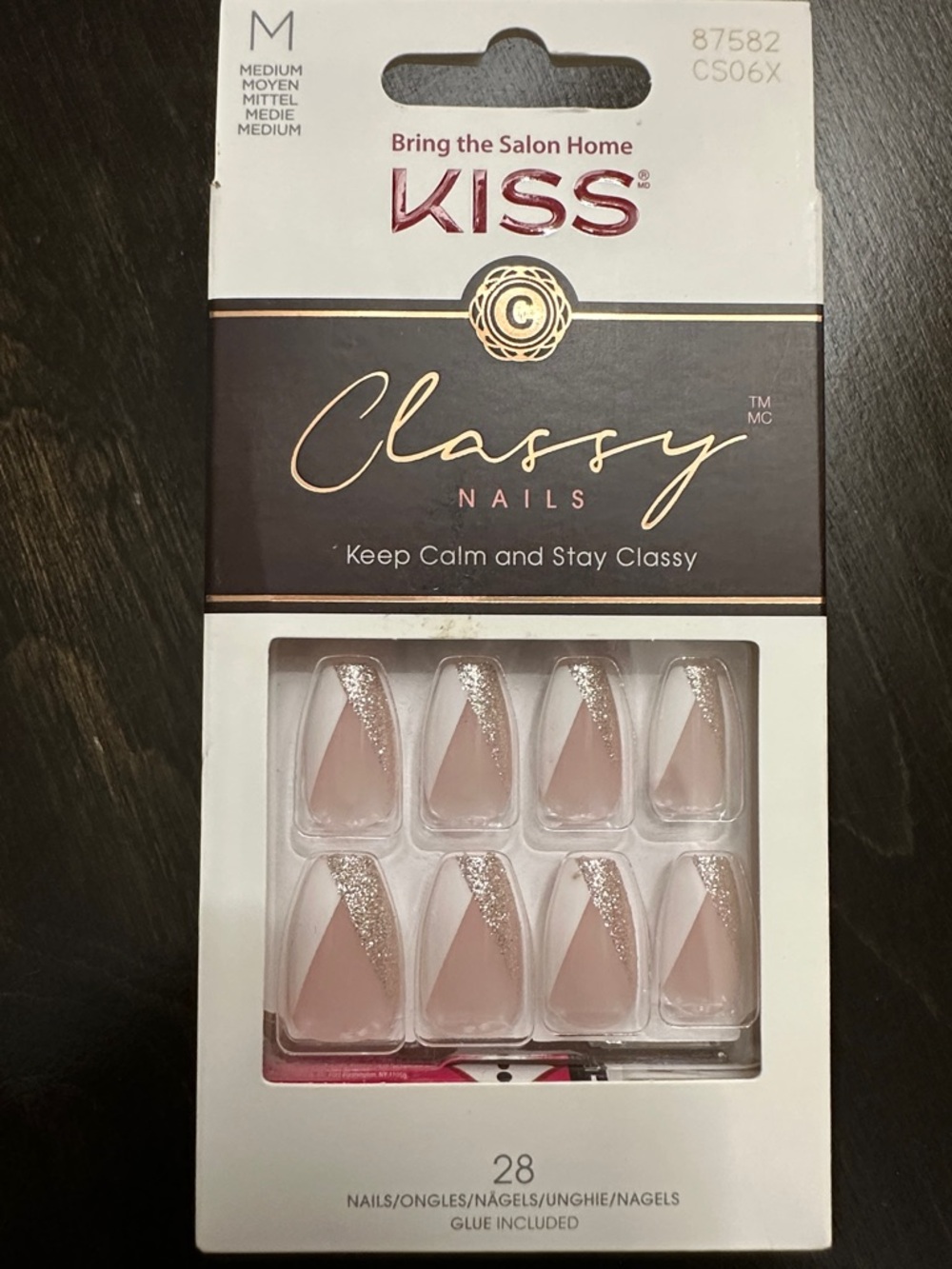 Kiss Classy Press-On Nails in Blush Pink with Silver Glitter Accents